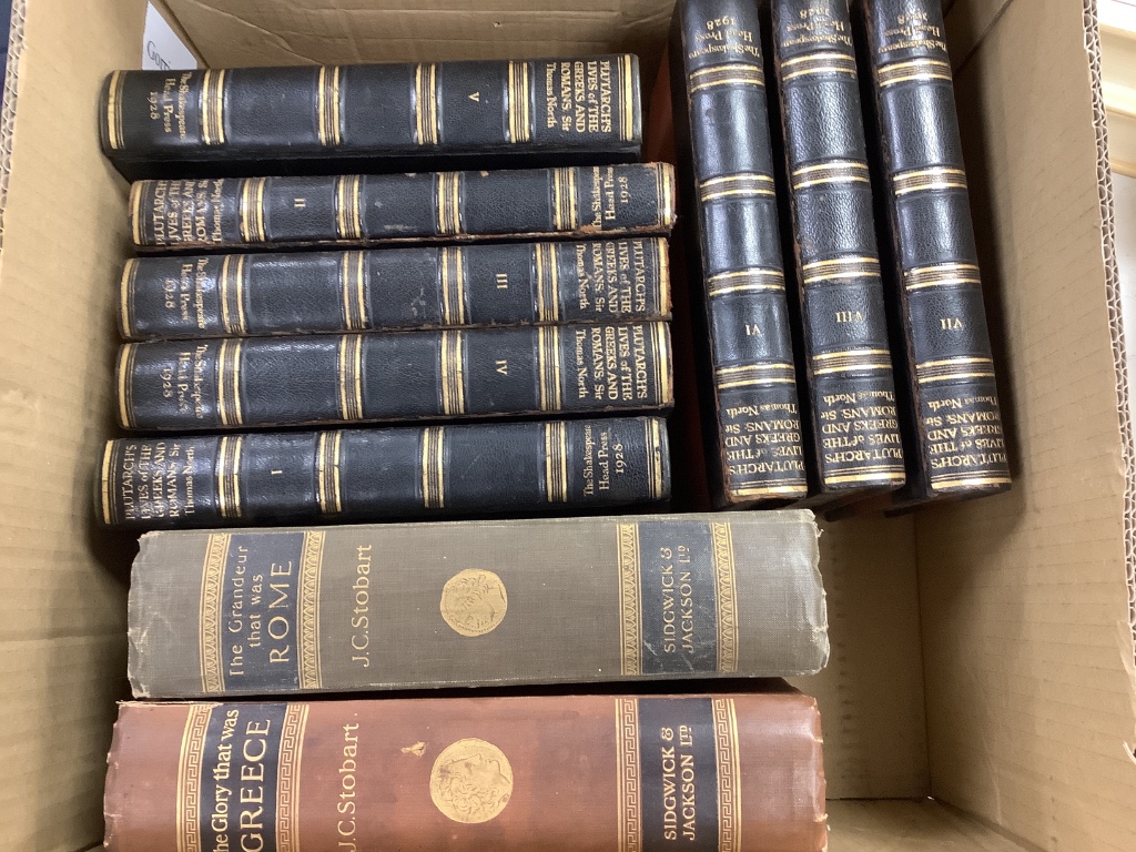 Plutarch, Lives of the Noble Grecians and Romans, translated by Sir Thomas North, half calf covers, printed at the Shakespeare Head Press, Stratford-upon-Avon and published for the press by Basil Blackwell, Oxford, a lim